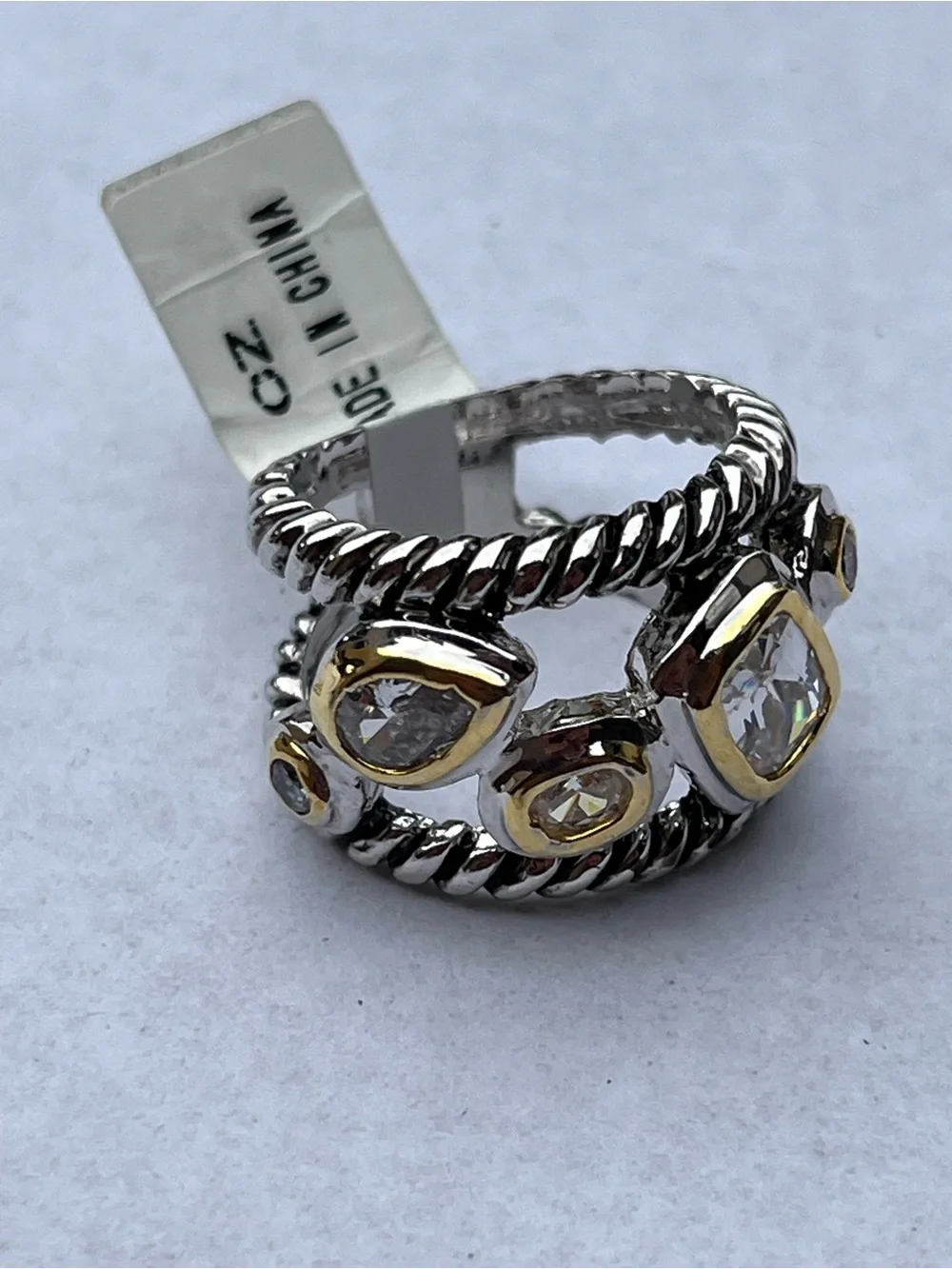 Cable Band Silver and Gold Two-Tone CZ Statement Ring size 6